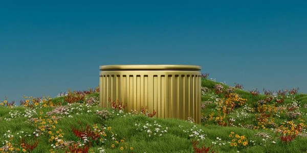 Zlatý Stánek Poli Květin Trávy Modrou Oblohou Pozadí Zeleným Kopcem Royalty Free Stock Fotografie
