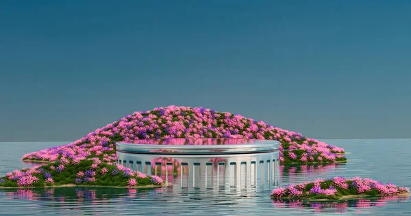 Ένα Περίπτερο Στη Λίμνη Λουλούδια Και Νησί Καθιστούν Εικόνα Αρχείου