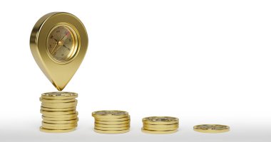 Harita işaretleyicisi etrafında altın sikkelerden büyüyen grafikler, üç boyutlu oluşturma