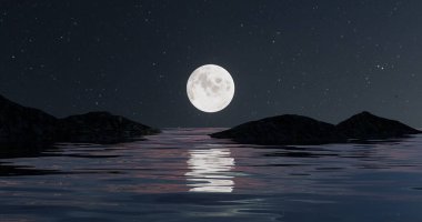 Dağ dijital sanatında büyük ay ile gece tasarımı, tip boyama, 3D illüstrasyon, yüksek çözünürlük, duvar kağıdı
