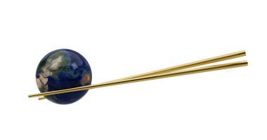 Altın masa takımı ve küre beyaz arka planda izole edilmiş. 3B illüstrasyon.