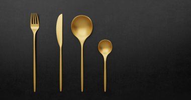 Siyah Arkaplan 'da altın masa takımı, 3 boyutlu çizim. 3B illüstrasyon.