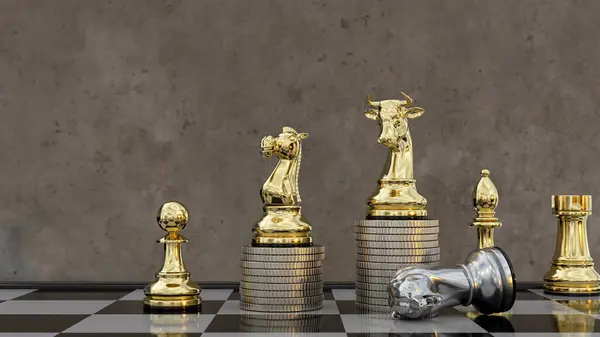 Stock concept bear and bull chess piece and gold coin stacks on white background.3D illustration.