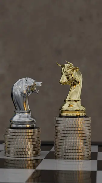Stock concept bear and bull chess piece and gold coin stacks on white background.3D illustration.