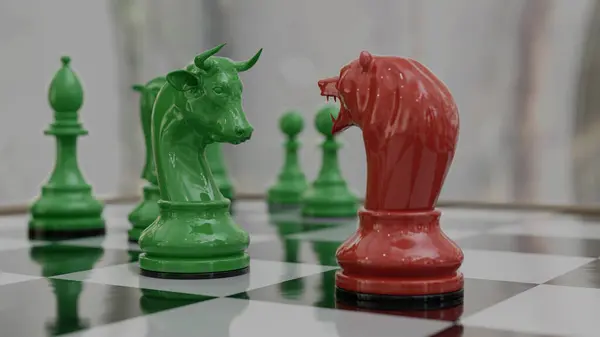 Bear and bull chess piece on checkerboard.3D illustration.