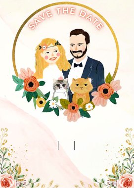 Düğün, sevgili gelini ve damadı evcil köpekleri ve kedi boş şablon davetiyle kurtarır.