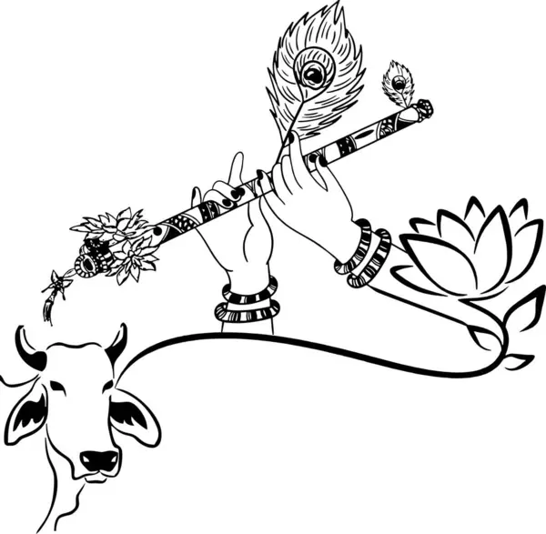 Krishna flüt tavus kuşu tüyleri inek ve nilüfer logosu