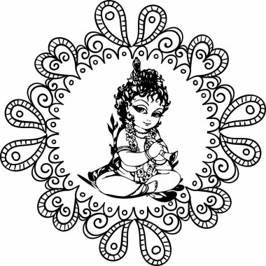 Lord Krishna Lineart Mandala illüstrasyon png
