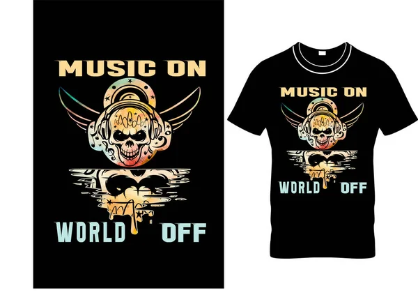 Müzik Açık World Tişörtü Modaya Uygun Tasarım Kulaklıklarda Kafatası Tipografi — Stok Vektör
