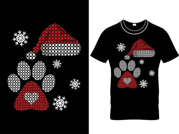Noel Köpeği Pençesi Tişörtü Tasarımı Noel Şapkalı Çirkin Noel Süveteri — Stok Vektör