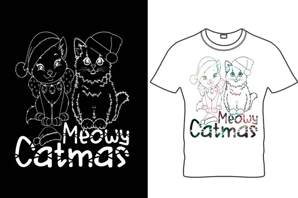 Meowy Catmas Χριστούγεννα Αστεία Γάτα Shirt Σχεδιασμός Χριστουγεννιάτικο Πουκάμισο Αστεία — Διανυσματικό Αρχείο