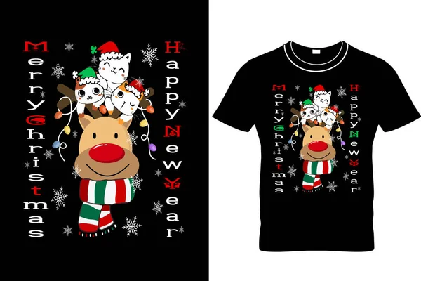 ハッピーニューイヤーとメリークリスマス猫の恋人Tシャツデザイン 面白いクリスマスシャツ 面白い猫のクリスマスシャツ 猫のシャツ 面白い犬のシャツ 猫の恋人シャツ クリスマス醜いシャツ メリークリスマスの猫のシャツ — ストックベクタ