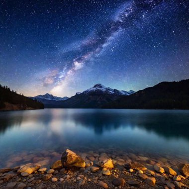 Yıldızlı, gölü ve ormanı olan güzel bir gece göğü. Doğa ve astronomi kavramı 