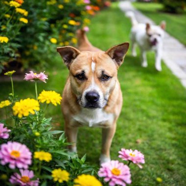 Çiçekli yeşil çimenlikteki köpeklerin yakın plan görüntüsü