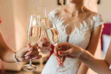 Genç müstakbel gelinin portresi ve iki bayan arkadaşı şampanya bardaklarıyla soyunma odasında kutlama yapıyorlar. Yüksek kalite fotoğraf