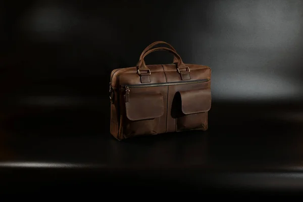 Bag Briefcase Businessman Men Leather Brown Bag Black Background Mens — Stock Photo, Image