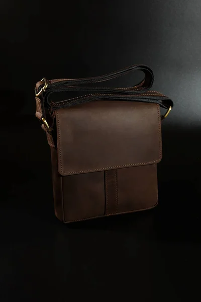 Fashionable Concept Brown Leather Mens Bag Black Background Top View — Stock Photo, Image