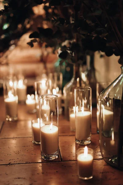 stock image Night wedding ceremony with a lot of lights, candles, lanterns. Beautiful romantic shining decorations in twilight. High quality photo