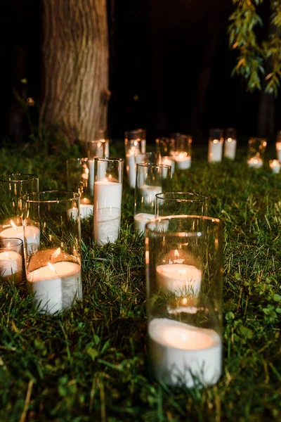 Stock image Night wedding ceremony with a lot of vintage lamps and candles on big tree. High quality photo