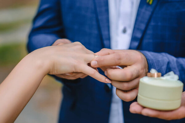 bride and groom holding each others hands and wearing rings. High quality photo