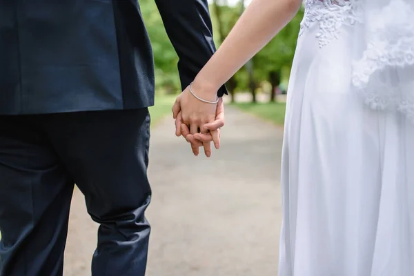 Vőlegény Közelről Tartja Menyasszonyok Kezét Kiváló Minőségű Fénykép — Stock Fotó