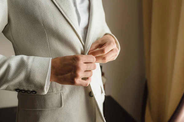 Young Handsome Man Classic Suit Blurred Lake Buttoning His Jacket — Stock Photo, Image