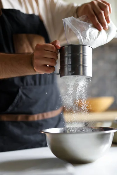 stock image Luxurious cake with unique decor created by an experienced pastry chef flour sifting. High quality photo