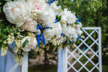 Mavi ve beyaz çiçekli düğün kemeri. Yüksek kalite fotoğraf