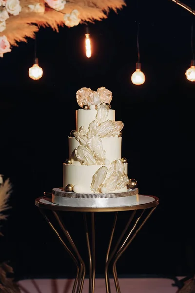 Великий Розкішний Весільний Торт Тлі Квітучої Арки Стилі Бохо Весільний Стокове Зображення