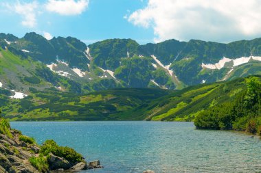 Beş Polonya Göl Vadisi 'ndeki Dağ Gölü. Polonya 'nın Tatra Dağları' ndaki güzel yaz manzarası.