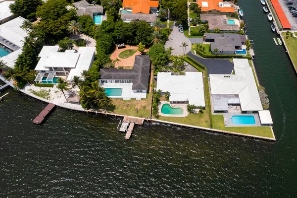 stock image Aerial image of a residential neighborhood with an ocean in the background in FL USA Miami beach drone view