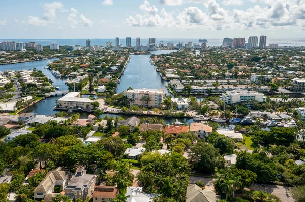 stock image Aerial drone view of Miami urban area, bay with blue sky, skyline, cityscape background