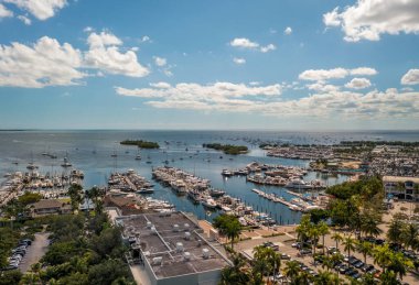 Miami 'deki Kuzeydoğu Coconut Grove mahallesinin insansız hava aracı görüntüsü, bol tropikal bitki örtüsü, tekneli rıhtım, yatlar, adalar, deniz, park alanı, mavi gökyüzü.
