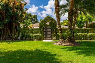 Beautiful facade of a luxury mansion located in Pinecrest, Miami-Dade with a vine on the wall, surrounded by trees and palms, short grass, driveway, front door, green, street and blue sky