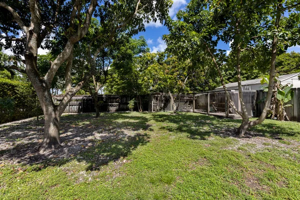 stock image Beautiful patio of a contemporary style house, located in Miami, with a large amount of green around it, a chicken coop, trees, palm trees, flower beds with plants, short grass and blue sky