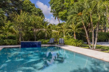 Zarif ve lüks malikanenin arka bahçesi, avuçlar ve bir sürü bitki, güzel havuz, kapalı teras, açık mobilya, kısa çim, basketbol sahası ve bulutlu mavi gökyüzü.