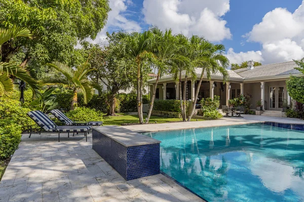 Backyard Elegant Luxurious Mansion Palms Lots Plants Beautiful Pool Covered — Stock Photo, Image