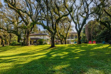 Coral Gables 'daki sömürge konağının ön cephesi, tropikal bitki örtüsü ve çarpıcı bir turkuaz tente ile çevrili, kaldırımlı bir garaj yolu ile bir mimari başyapıttır. Kısa otlar ve mavi gökyüzü bu yeri büyülü kılıyor..