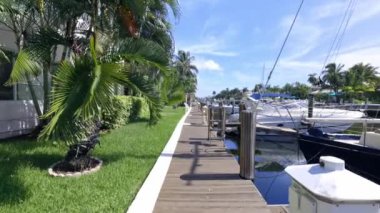 Florida, USA. Modern building with swimming pool, trees, chairs. Urban landscape with blue reflecting pool, city architecture, and scenic environment.