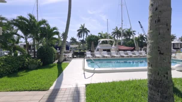 Florida Usa Modern Building Swimming Pool Trees Chairs Urban Landscape — Vídeo de stock