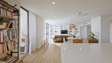 Miami, Florida, ABD 'de bulunan bir apartmanın içinde güzel bir çekim / görüntü. Konforlu mobilyaları ve zarif mimarisi olan modern oturma odası..