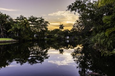 Yüzme havuzlu, ağaçlı, sandalyeli modern bir bina. Mavi gökyüzü, yansıtan havuz ve okyanus, şehir mimarisi ve ABD 'nin Florida kentindeki manzaralı çevre..