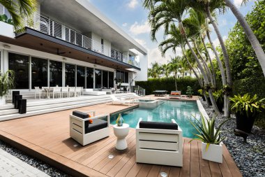 Florida, ABD. Eylül: Yüzme havuzu, yapay çimen, taş zemin, ağaçlar, sandalyeler ve şemsiyesi olan modern bir evin arka bahçesi.