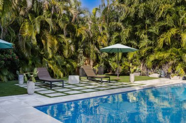 Florida, ABD. Eylül: Yüzme havuzu, yapay çimen, taş zemin, ağaçlar, sandalyeler ve şemsiyesi olan modern bir evin arka bahçesi.