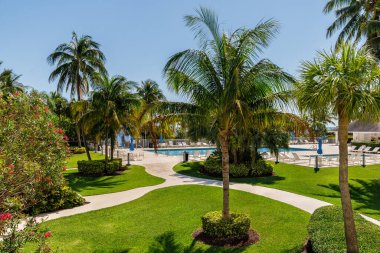 Florida, ABD. Ocak: Yüzme havuzu, yapay çimenler, taş patika, ağaçlar, sandalyeler ve şemsiyesi olan modern bir evin arka bahçesi.