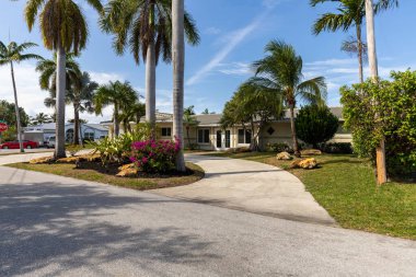 Florida, ABD 'deki ön kapı bahçesi. Bulutlu berrak Mavi Gökyüzü, Armonik bir atmosfer oluşturan bir sürü ağaçlı doğal bereketli bitki örtüsü.