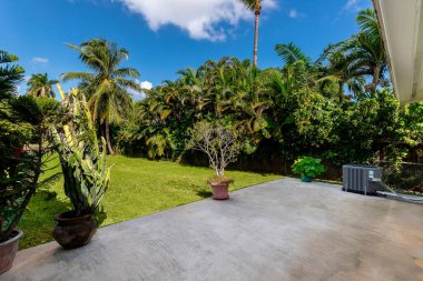 Florida, ABD. Ocak: Yüzme havuzu, yapay çimenler, taş patika, ağaçlar, sandalyeler ve şemsiyesi olan modern bir evin arka bahçesi.