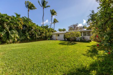 Florida, ABD. Ocak: Yüzme havuzu, yapay çimenler, taş patika, ağaçlar, sandalyeler ve şemsiyesi olan modern bir evin arka bahçesi.