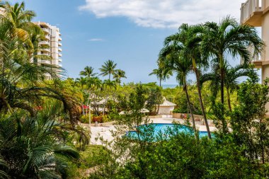 Florida, ABD. Ocak: Yüzme havuzu, yapay çimenler, taş patika, ağaçlar, sandalyeler ve şemsiyesi olan modern bir evin arka bahçesi.