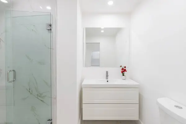 Photoshoot Footage located in Florida, USA. Clean, modern bathroom with refreshing shower, reflecting mirror, Bathtub and sleek tiles.